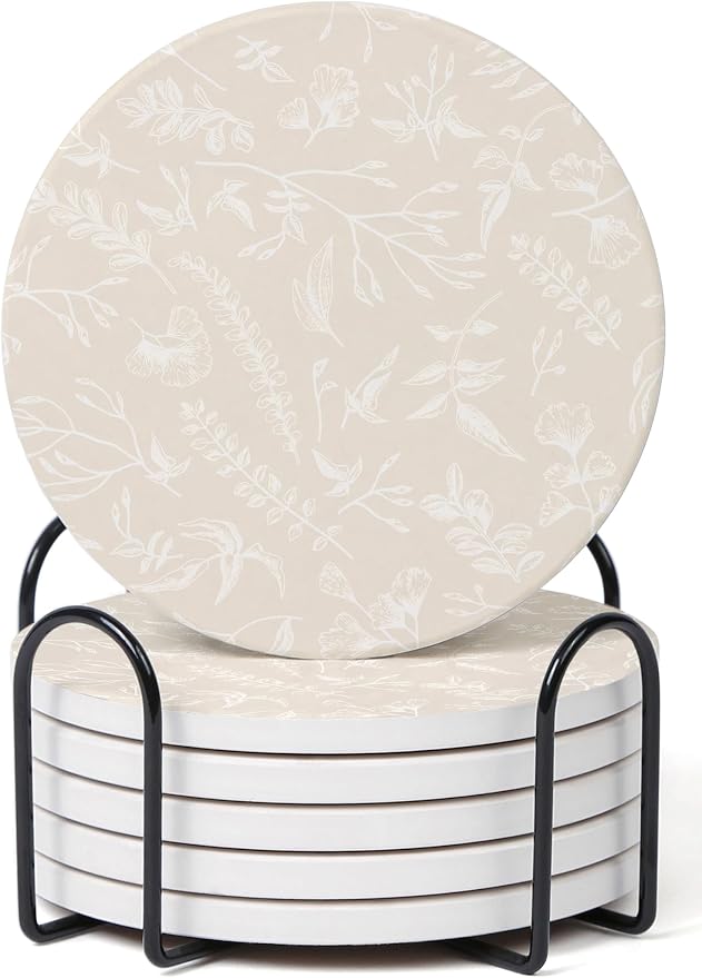Set of 6 Floral Beige Coasters by Hoomey