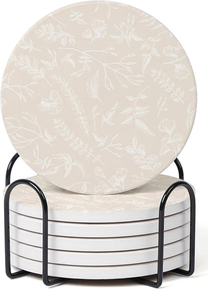 Set of 6 Floral Beige Coasters by Hoomey