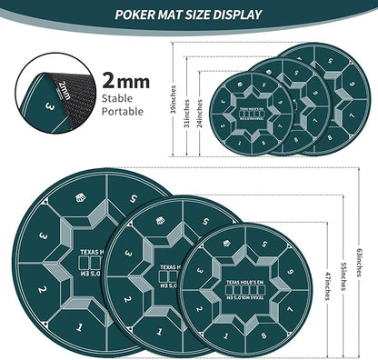 nuveti 24/31/47/55/63inch Round Poker Mat for Texas Holdem | Portable Poker Table Top with Art Deco Layout Print 6-8 Player Game Layout Mat to Play Cards, Poker Games, Blackjack, Casino