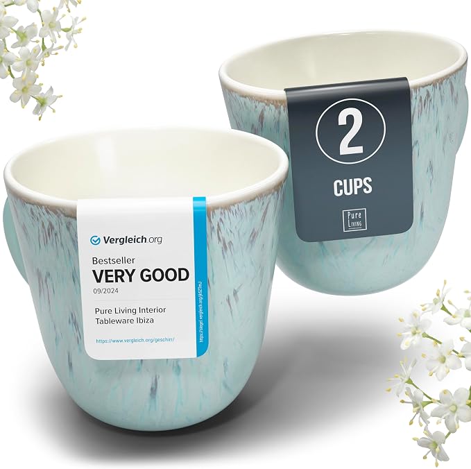 PURE LIVING INTERIOR DESIGN Stoneware Coffee Mugs Set of 2, Modern Beige-Blue by PURELIVING