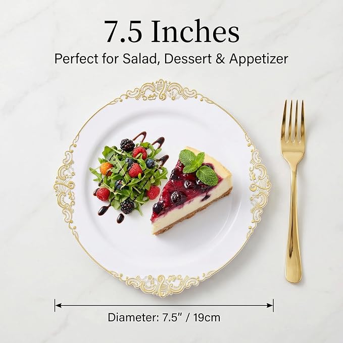 25 Pack 7.5 Inch golden Rim Plastic Plates, Heavy Duty Disposable White Dessert - Image 3