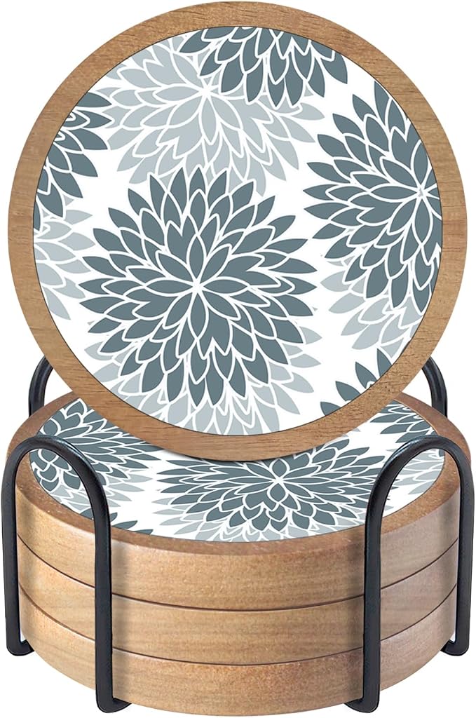 Wood Coasters Set of 4 with Holder, Cewiru Cup Mat by Unknown