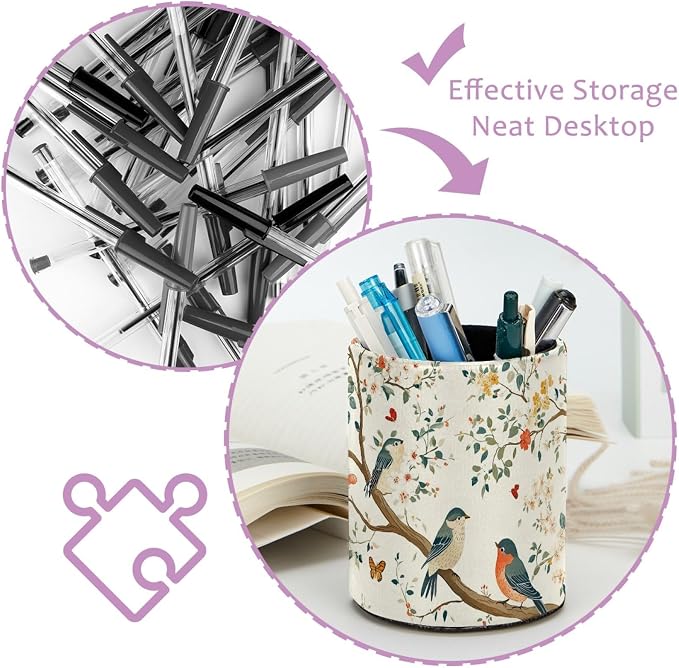 Leather Pen Holder for Desk, Birds Branches Butterflies Pencil Cup Pen - Image 4