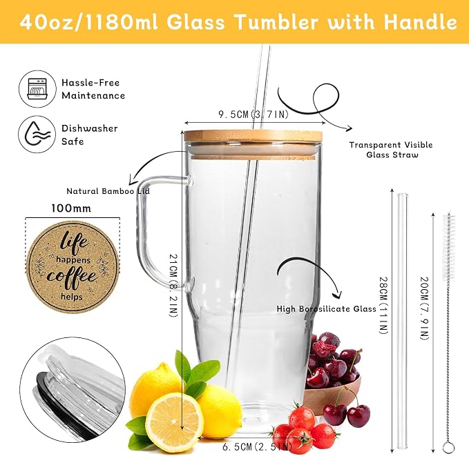 ANOTION Glass Cups with Lids and Straws - 40 Oz Tumbler with Handle and Straw - Image 2