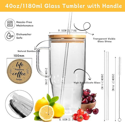 ANOTION Glass Cups with Lids and Straws - 40 Oz Tumbler with Handle and Straw - Image 2