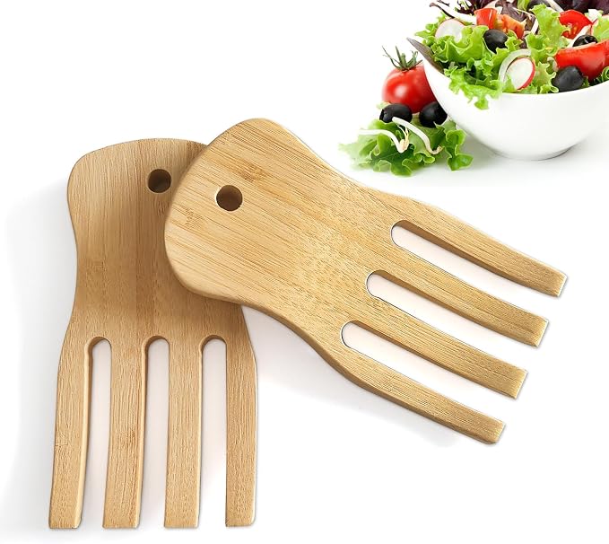 Bamboo Salad Servers, Cooking Utensil, Salad Spinner Tongs Set of 2 | Wooden by HOMTBDLHOME