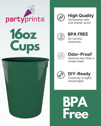 PartyPrints 100 Pack 16 oz Kelly Green Reusable Blank Plastic Cups, Stadium - Image 2