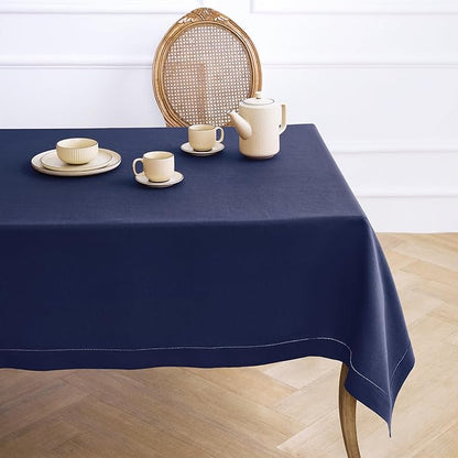 Solino Home Linen Tablecloth for Rectangle Tables 60 x 90 Inch - Classic Hemstitch 100% Pure Linen Navy Blue Table Cloth - Machine Washable Cloth Tablecloth for Winter, Easter