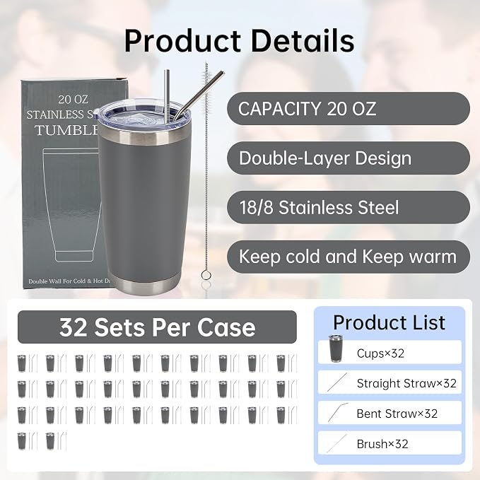 IEOVIEE 32 Pack 20oz Stainless Steel Insulated Bulk Tumblers - Image 2