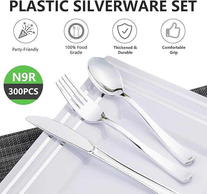 300PCS Silver Plastic Silverware, Disposable Utensils & Cutlery | 100 Forks - Image 4