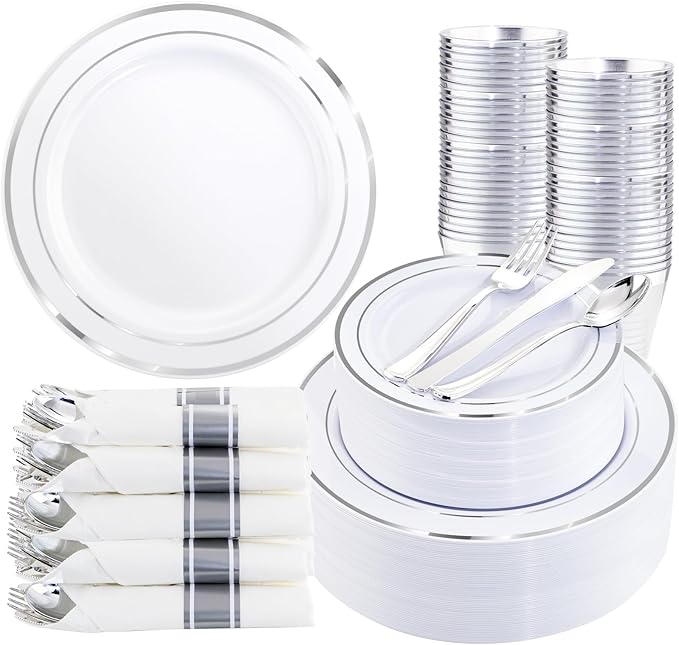 350Piece Silver Plastic Dinnerware Set by WDF
