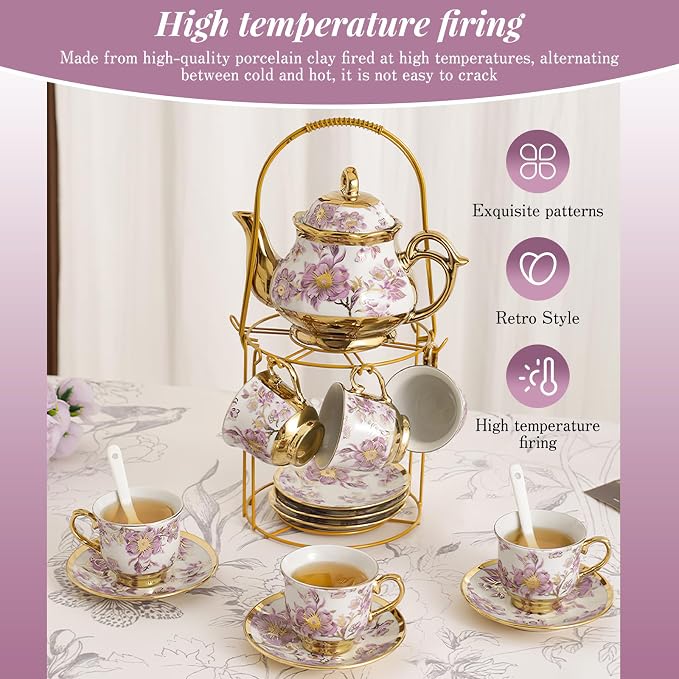 20 Pcs Porcelain Tea Set With Metal Holder, - Image 4