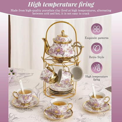 20 Pcs Porcelain Tea Set With Metal Holder, - Image 4