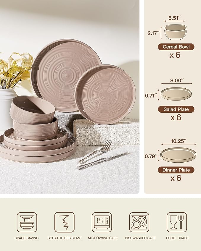 Stoneware Dinnerware Sets for 6, Plates and Bowls, Chip & Scratch Resistant - Image 7