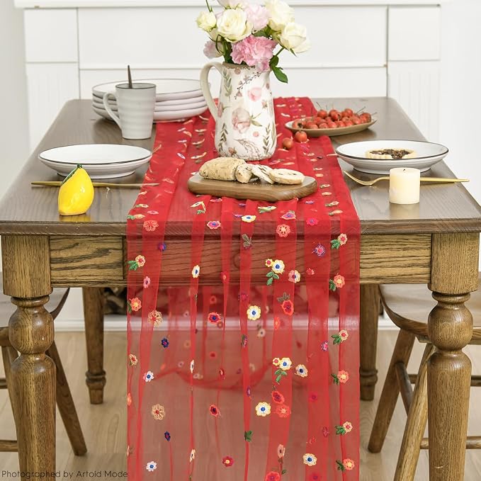 Artoid Mode Red Embroidery Daisy Gauze Table Runner 120 Inch 10FT | Seasonal - Image 2