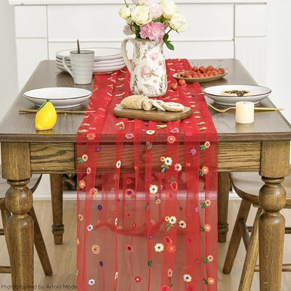 Artoid Mode 3PCS Red Embroidery Daisy Gauze Table Runner 120 Inch 10FT | - Image 2