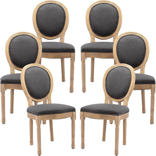 Vintage French Dining Chairs Set of 6, Round Back Accent Chairs with Linen Seat and Solid Wood Frame, Farmhouse Sillas de Comedor Upholstered for Dining Room & Kitchen, Gray