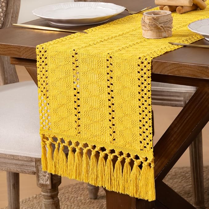 DeZerlor Yellow Boho Macrame Farmhouse Woven Table Runner 72Inch | Cotton Linen - Image 7