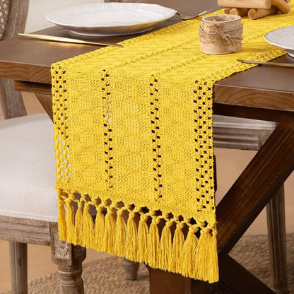 DeZerlor Yellow Boho Macrame Farmhouse Woven Table Runner 72Inch | Cotton Linen - Image 7
