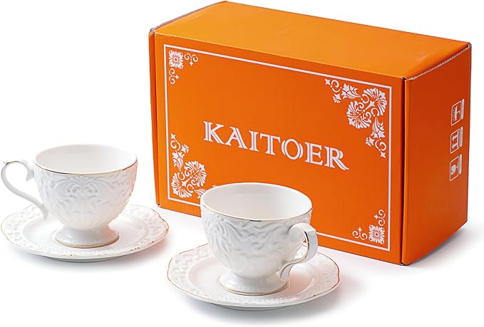 Cups and Saucers Tea Cups Set of 2, Ceramic Coffee Cups - Image 6
