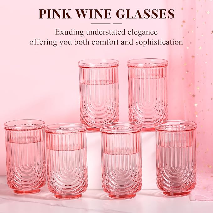 Pink Vintage Drinking Glasses Set of 6-17oz Hand-Blown Highball Ribbed Glassware - Image 2