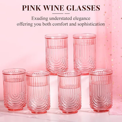 Pink Vintage Drinking Glasses Set of 6-17oz Hand-Blown Highball Ribbed Glassware - Image 2