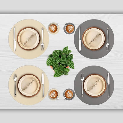 Myir JUN Round Placemats Set of 6 Faux Leather Place Mats and Coasters 15 inch Round Table Mats Dual Sided Non-Slip Stain Resistant Placemats (Gray & Wheat, Set of 6)