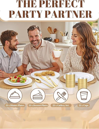 WDF 150Pcs White and Gold Plastic Plates - Gold Plates Disposable - 25guest Disposable Dinnerware Include 25 Dinner Plate, 25 Dessert Plate, 25 Cutlery & 25 9oz Cups for Wedding Party Valentine's Day