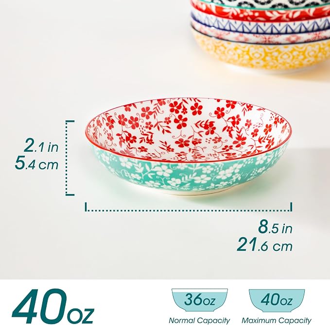 vancasso 8.5" Pasta Bowls Set of 6, 40 oz Porcelain Shallow Salad Bowls - Image 3