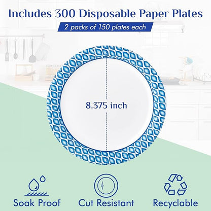 MUCHII 8.375 Inch Disposable Paper Plates, 300 Count Soak and Cut Proof Printed Paper Plates for Daily Use, Holiday for Family Gatherings, Parties, Picnic
