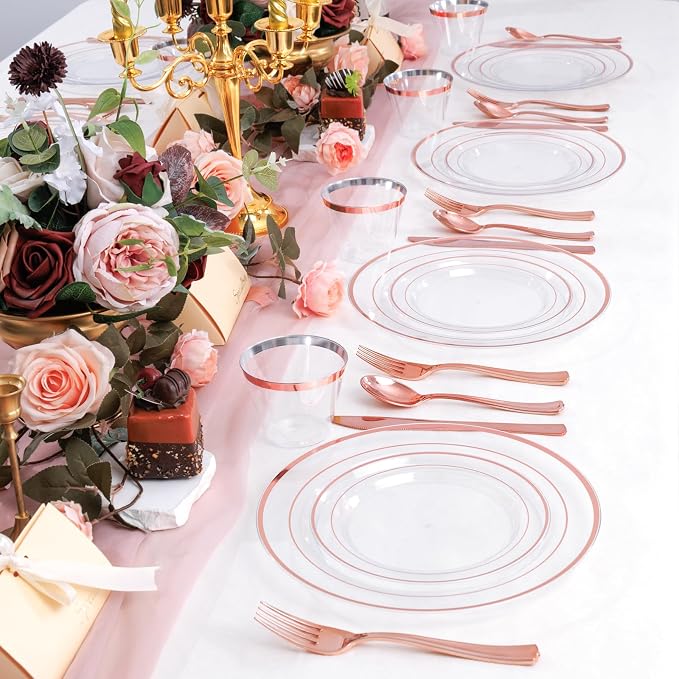bUCLA 600PCS Clear Rose Gold Plastic Dinnerware Set Disposable - Image 4