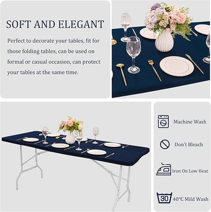 4 Pack Spandex Table Top Cap Cover Stretch Fitted Washable Elastic Rectangle Tablecloth for 6 FT Folding Tables for Indoor Outdoor Party (72 x 30 Inches, Navy Blue)