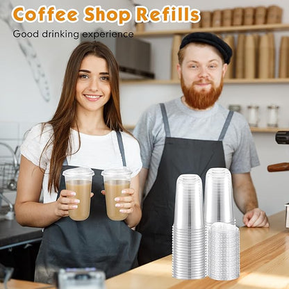 25 Sets 18 oz Clear Plastic Cups with Strawless Sip Lids, Thickened Clear Disposable Plastic PET Crystal Cups for Iced Coffee, Smoothie, Cold Beverage, Drink Shops and Party Catering