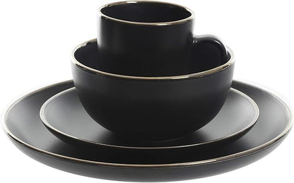 Gibson Home Rockaway 16-Piece Round Stoneware Dinnerware Set, Service for 4 – Black with Gold Rim Plates and Bowls, Microwave & Dishwasher Safe