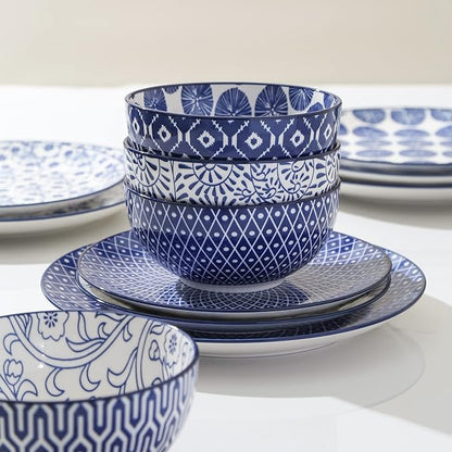 Selamica Ceramic Dinnerware Sets, 16 Pieces Dishes Set for 4, Kitchen Plates and Bowls Sets, Dishwasher & Microwave Safe, Vintage Blue