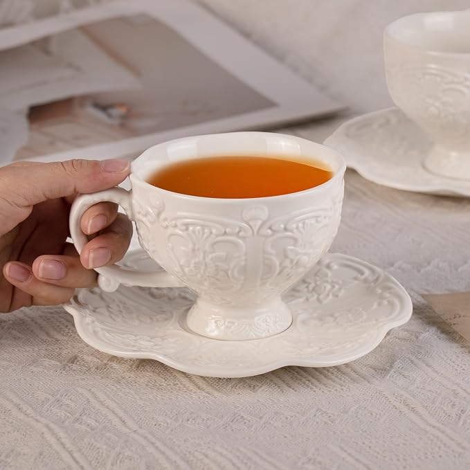 KAMMAK Tea Cups and Saucers Set of 2, 7.8 oz Porcelain Coffee Cups, 565N | - Image 2