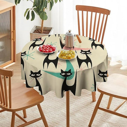 Mid Century Colorful Modern Cat Round Tablecloth, Medieval Bohemian Abstract Animal Tablecloth for Home Party Dining Room Kitchen Decor 50Inch(127cm)