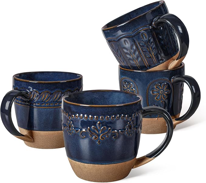 Artena Ceramic Coffee Mugs Set of 4, 16oz Embossed Large Latte Mugs Coffee Cups by Artena