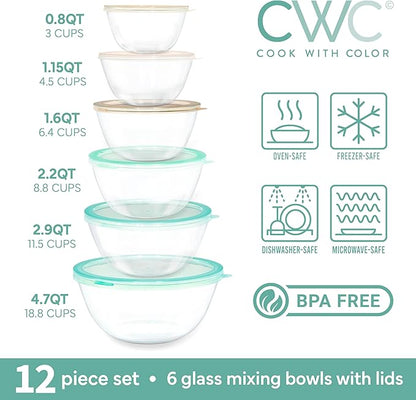 COOK WITH COLOR 12 Pc Glass Mixing Bowl Set with Lids – Borosilicate Glass Nesting Bowls for Cooking, Baking and Meal Prep, Mint
