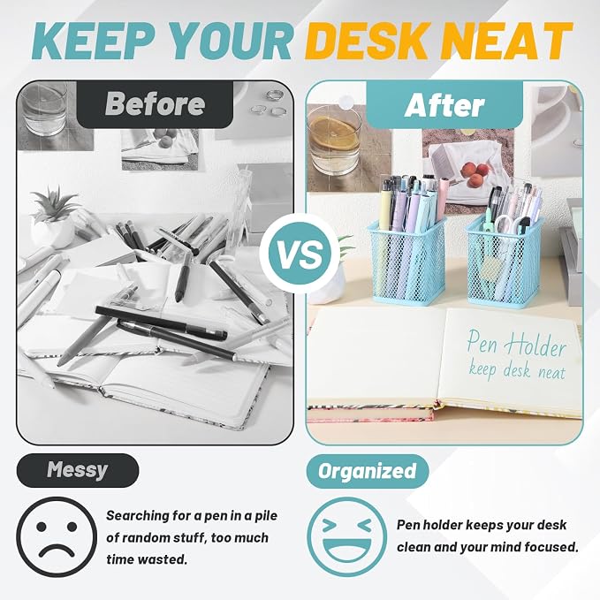 Segarty Pen Holder for Desk, 3 Pack Square Light Blue Pencil Holder, Wire Mesh - Image 4