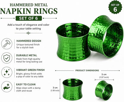 ITOS365 Green Napkin Rings Set of 6, Handmade Hammered Metal Napkin Ring Holders - Image 4