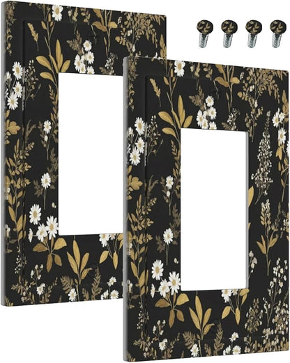 Outlet Covers Black/Gold Boho Botanical Floral Rustic Flowers 1 Gang Wall Plate Single Rocker Light Switch Cover Decorative GFCI Receptacle Electrical Switchplate for Bathroom Kitchen（2 Pack）
