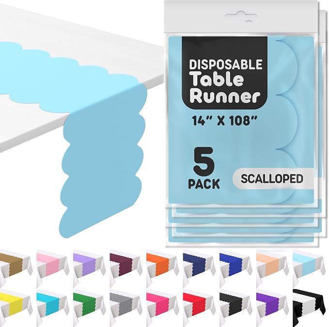 Light Blue Scallop Table Runner, Disposable Plastic, 5 Pack by Swanoo