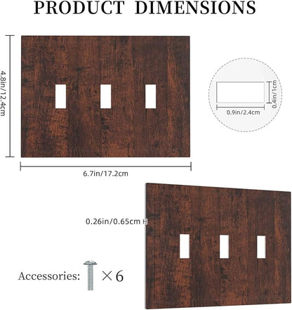 Light Switch Cover Brown Red Rustic Wood Grain Retro Farmhouse 3 Gang Wall Plate Triple Light Switch Plate Toggle Decorative Outlet Covers Electrical Switchplate for Farmhouse Cabin Decor