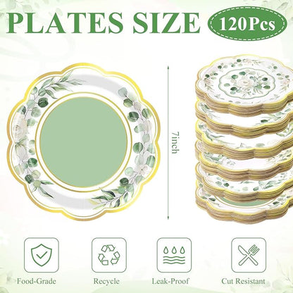 120 Pcs Sage Green Paper Plates 7 Inch Eucalyptus Spring Party Plates Sage - Image 3