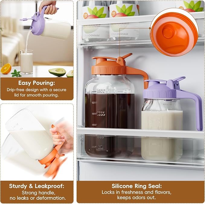 Glass Pitcher with lid, 64 oz Wide Mouth Mason Jar | Dual leak-proof lid - Image 3