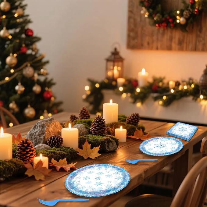 96 Pieces Snowflake Winter Tableware Set – Blue Disposable Plates, and Forks - Image 7