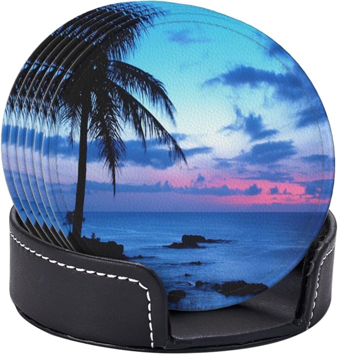 6 Pcs Tropical Ocean Beach Palm Trees Leather Coasters - Image 3