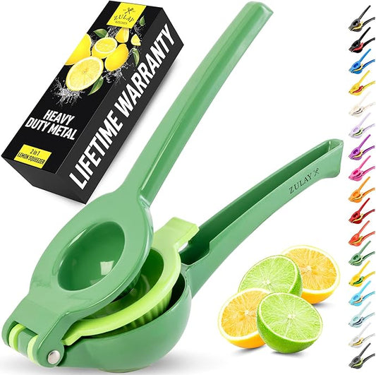 Zulay Kitchen Metal 2-in-1 Lemon Squeezer - Sturdy Max Extraction Hand Juicer Lemon Squeezer Gets Every Last Drop - Easy to Clean Manual Citrus Juicer - Easy-Use Lemon Juicer Squeezer - Green/Lime