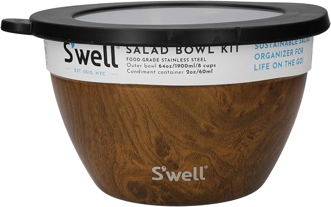 S’well Stainless Steel Salad Bowl Kit, Teakwood Finish, Includes 2oz Condiment - Image 12